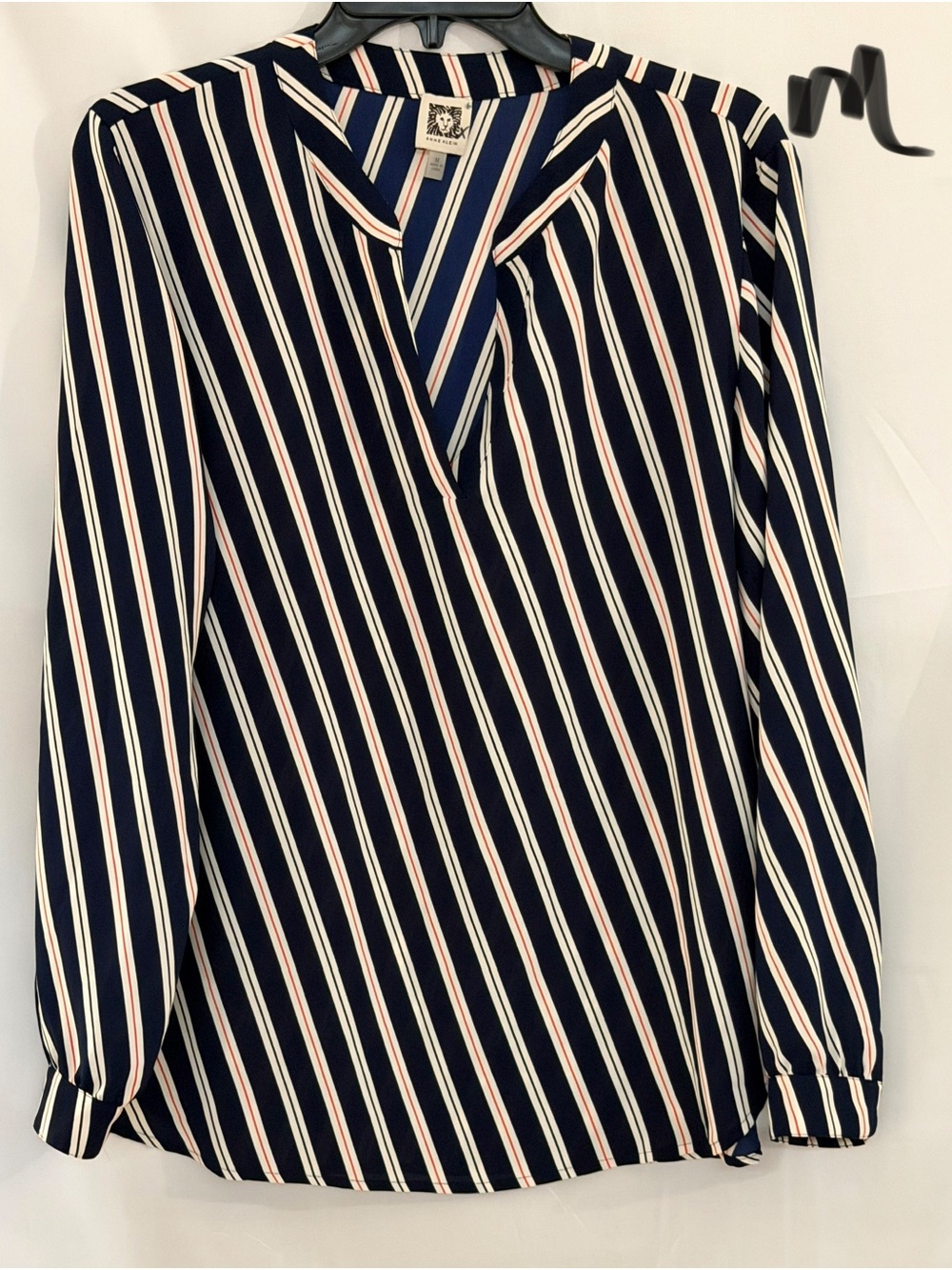 Anne Klein Navy, White & Pink Striped V-Neck Blouse
